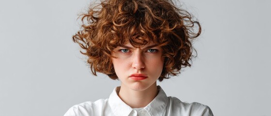 Woman with curly hair and serious expression
