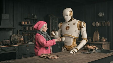 A humanoid robot gently hands a coffee mug to an elderly woman in a cozy modern kitchen, blending futuristic technology with human warmth and care.