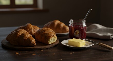 Golden Croissants, Raspberry Jam, and Butter: A Rustic Breakfast Scene