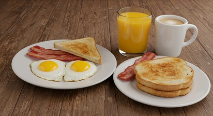 Sunny-side up eggs, crispy bacon, and toasted bread make a perfect breakfast.