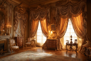 Fototapeta premium Luxurious layered curtains with tassels and valances give a luxurious and elegant impression.