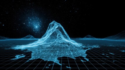 Digital Wireframe Mountain Landscape with Stars and Grid