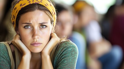 A woman with a yellow headband and freckles, sitting in a crowded room with other people.