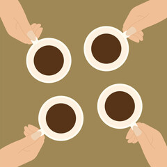 Four Hands Holding Coffee Cups from Above