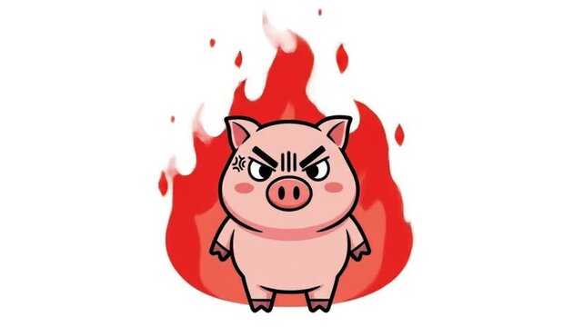 Red cartoon pig angry vector illustration with fiery horns, a mischievous symbol perfect for Halloween