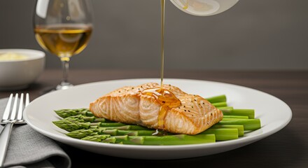 Gourmet Salmon Fillet Drizzled with Honey Glaze, Served on a Bed of Asparagus