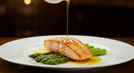 Golden Glaze Drizzles Over Pan-Seared Salmon and Asparagus
