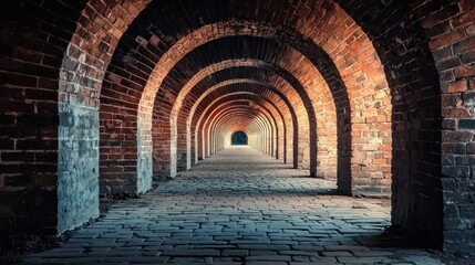 Fototapeta premium A long, narrow brick tunnel with arched brick walls and a bright, warm light at the end, creating a sense of mystery and anticipation.