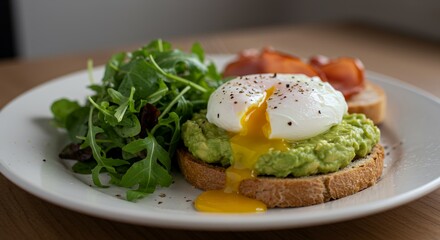 Indulge in this vibrant avocado toast topped with a perfectly poached egg and a side of arugula.