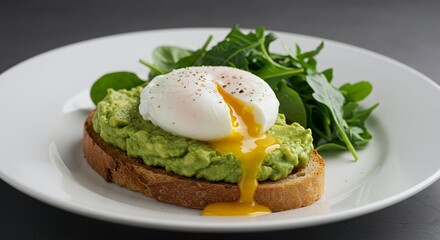 Indulge in this vibrant avocado toast topped with a perfectly poached egg and fresh greens.