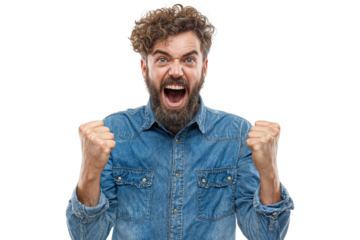 Excited man shouting with fists clenched expressing success and intense emotion isolated on transparent background