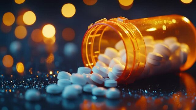 Orange pill bottle with scattered white pills on a dark surface with bokeh lights