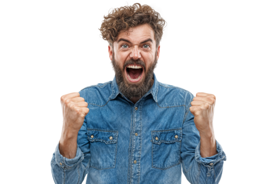 Excited man shouting with fists clenched expressing success and intense emotion isolated on transparent background