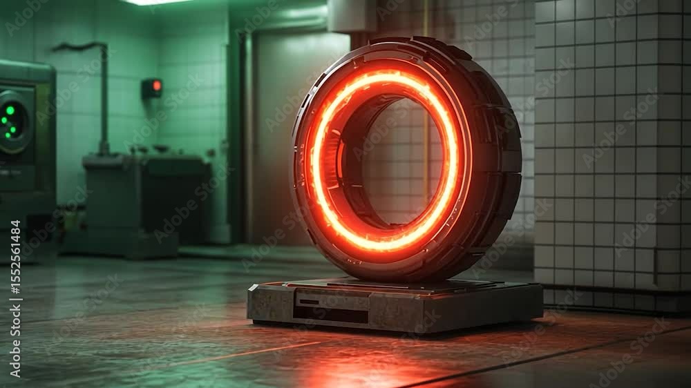Poster glowing orange ring displayed on platform in dark industrial setting
