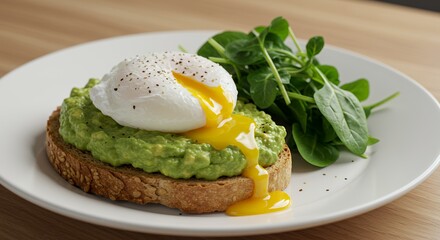Indulge in this vibrant avocado toast topped with a perfectly poached egg and fresh spinach.