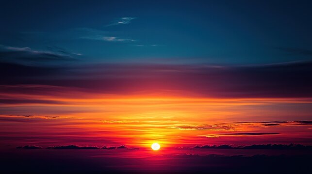A vibrant sunset with a sun setting behind a cloud-filled sky, casting a warm glow over the horizon.