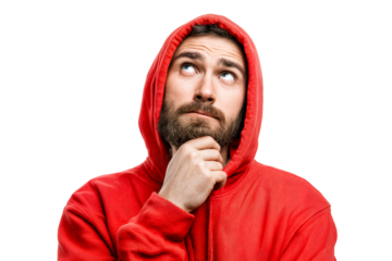 Pensive man with thoughtful expression looking up and touching chin isolated on transparent background