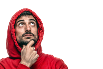 Pensive man with thoughtful expression looking up and touching chin isolated on transparent background