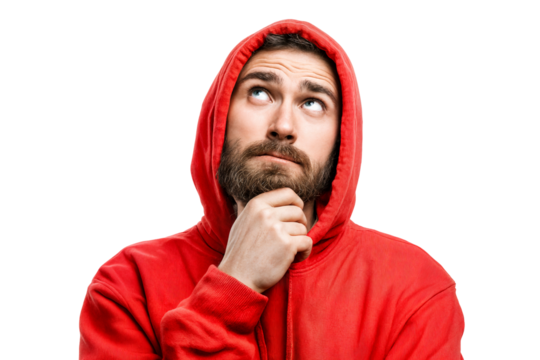 Pensive man with thoughtful expression looking up and touching chin isolated on transparent background