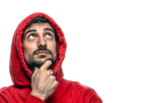 Pensive man with thoughtful expression looking up and touching chin isolated on transparent background