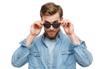 Confident man lowering sunglasses with stylish look and cool facial expression isolated on transparent background