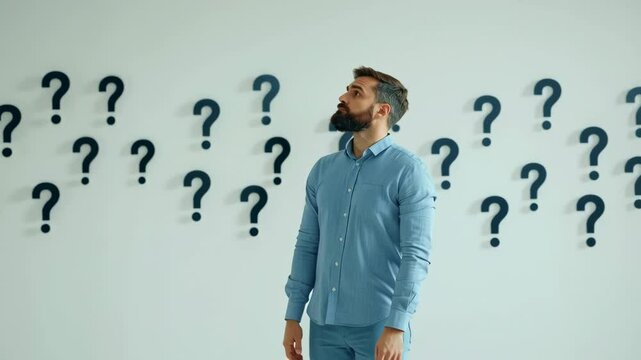 Thoughtful man surrounded by question marks, reflecting on curiosity and lifes mysteries.