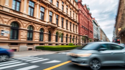 Fototapeta premium Precise architectural color photography, blurred bokeh effect, moving car, blur effect, sharp subject focus, soft background, sharp lines, detailed structures, wide angles