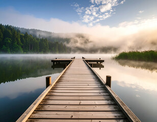 Misty Morning Wooden Dock Extending into Fog-Covered Lake
