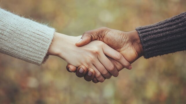 Two hands clasping each other in a handshake. The concept of human connection and unity. The image captures a moment of trust and cooperation.