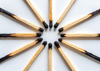 Burned Matchsticks Arranged in Starburst Symmetry on White Background