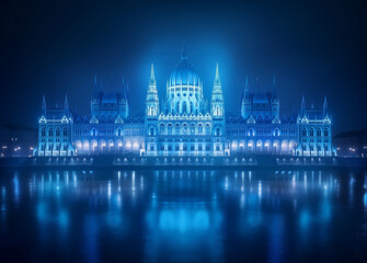 Naklejka premium Stunning night view of the building with christmas lights