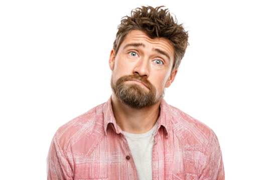 Curious man looking up while touching chin with confused and thoughtful expression isolated on transparent background