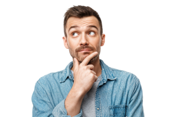 Curious man looking up while touching chin with confused and thoughtful expression isolated on transparent background