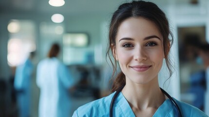 A young, female nurse standing in a hospital corridor, wearing blue scrubs and a stethoscope around her neck.