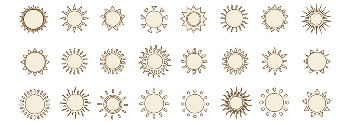 Sun icon set. Yellow and Black color sun icons. Sunrise and Sunset icon collection. Yellow, Orange and Black sun star icons. Vector illustration. Eps 10