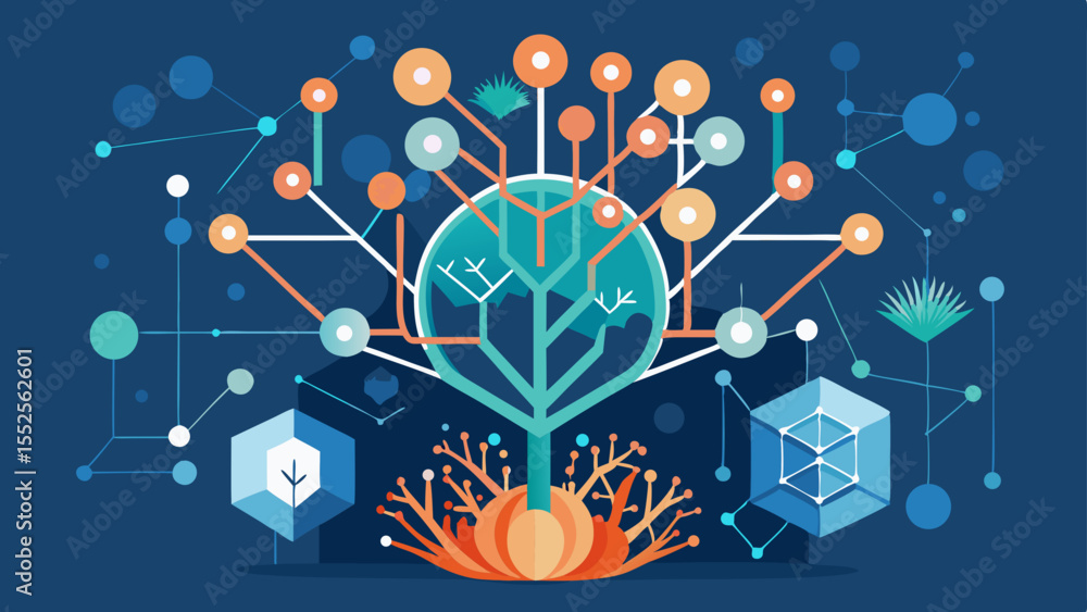 Poster abstract digital tree growth, connection, and data flow graphic design for modern technology, innova
