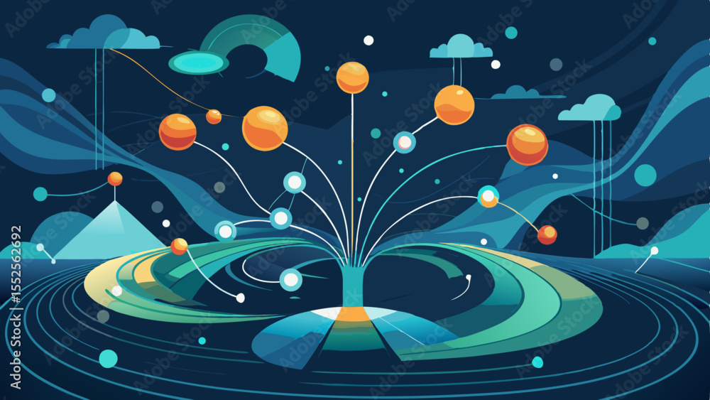 Poster abstract design showing connections between elements in a network or data flow on a landscape, suita