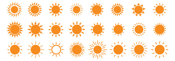 Sun icons set. Sun vector icon set in yellow and black color isolated on a white background. Variety sun design. Vector illustration. 