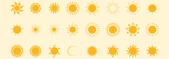 Sun icon set. Yellow and Black color sun icons. Sunrise and Sunset icon collection. Yellow, Orange and Black sun star icons. Vector illustration. Eps 10