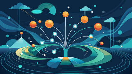Abstract design showing connections between elements in a network or data flow on a landscape, suitable for graphic design projects and presentations.