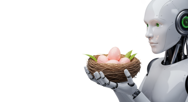 Robot Holding Bird Nest With Eggs