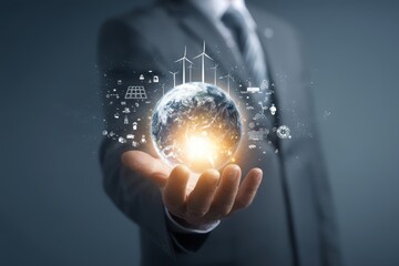 Businessperson holds Earth, digital icons overlay