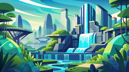 Beautiful cityscape with nature and waterfalls, a modern utopian graphic for logo design or vibrant eco-friendly presentations.