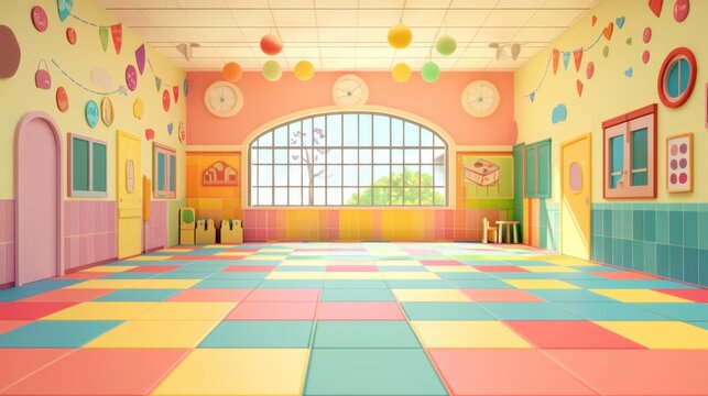 A colorful, vibrant classroom with a large window, colorful decorations, and a playful atmosphere.