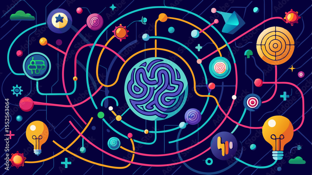 Poster conceptual data flow graphic featuring a brain, lightbulbs and circuits to represent learning, innov