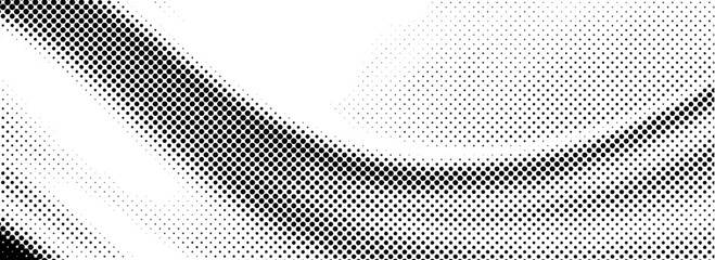 Black halftone dot wave pattern. Abstract grain fluid texture background. Dotted grit curve wallpaper. Rasterized undulate swoosh overlay for poster, leaflet, booklet, banner, brochure, flyer