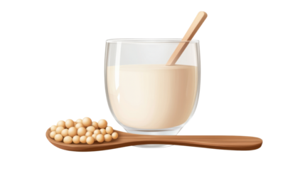 soy beans in wooden spoon with soy milk in glass on white background