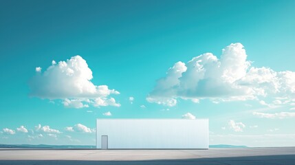 A white building with a door on a concrete surface, set against a clear blue sky with fluffy white clouds.