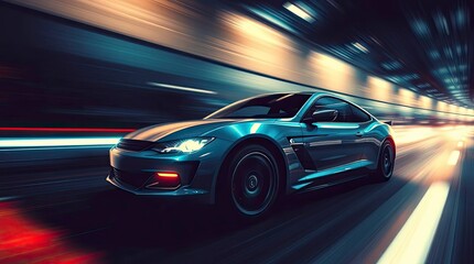 Fototapeta premium Vector illustration, a car speeding, motion blur, high contrast lighting, sharp shadows, soft diffused light, dreamy surreal style