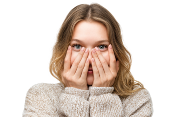 Young woman covering part of face with hands looking forward with shy and curious expression isolated on transparent background